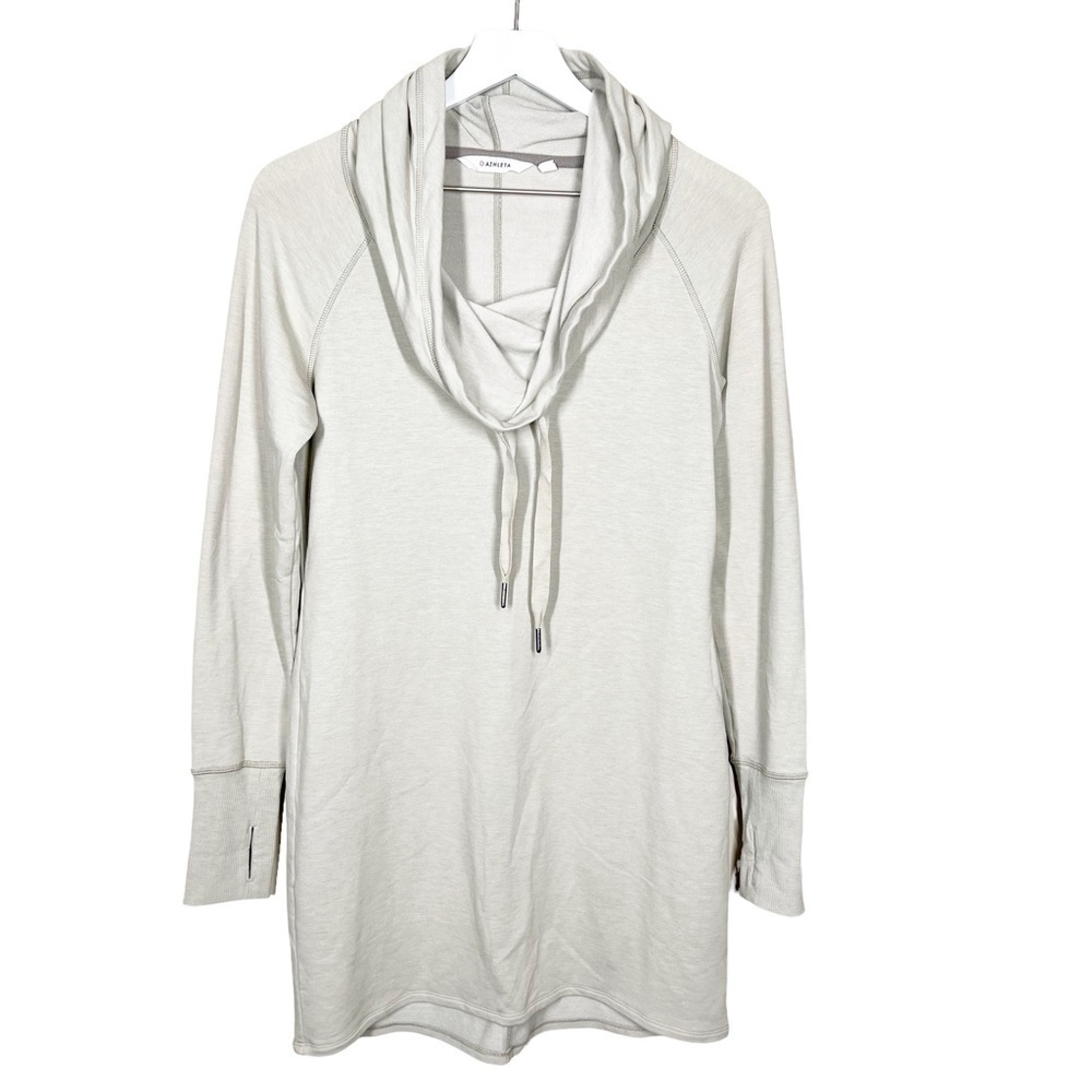 Athleta Womens Intention Cover Up Cowl Neck Hooded Tunic Dress Oatmeal Small